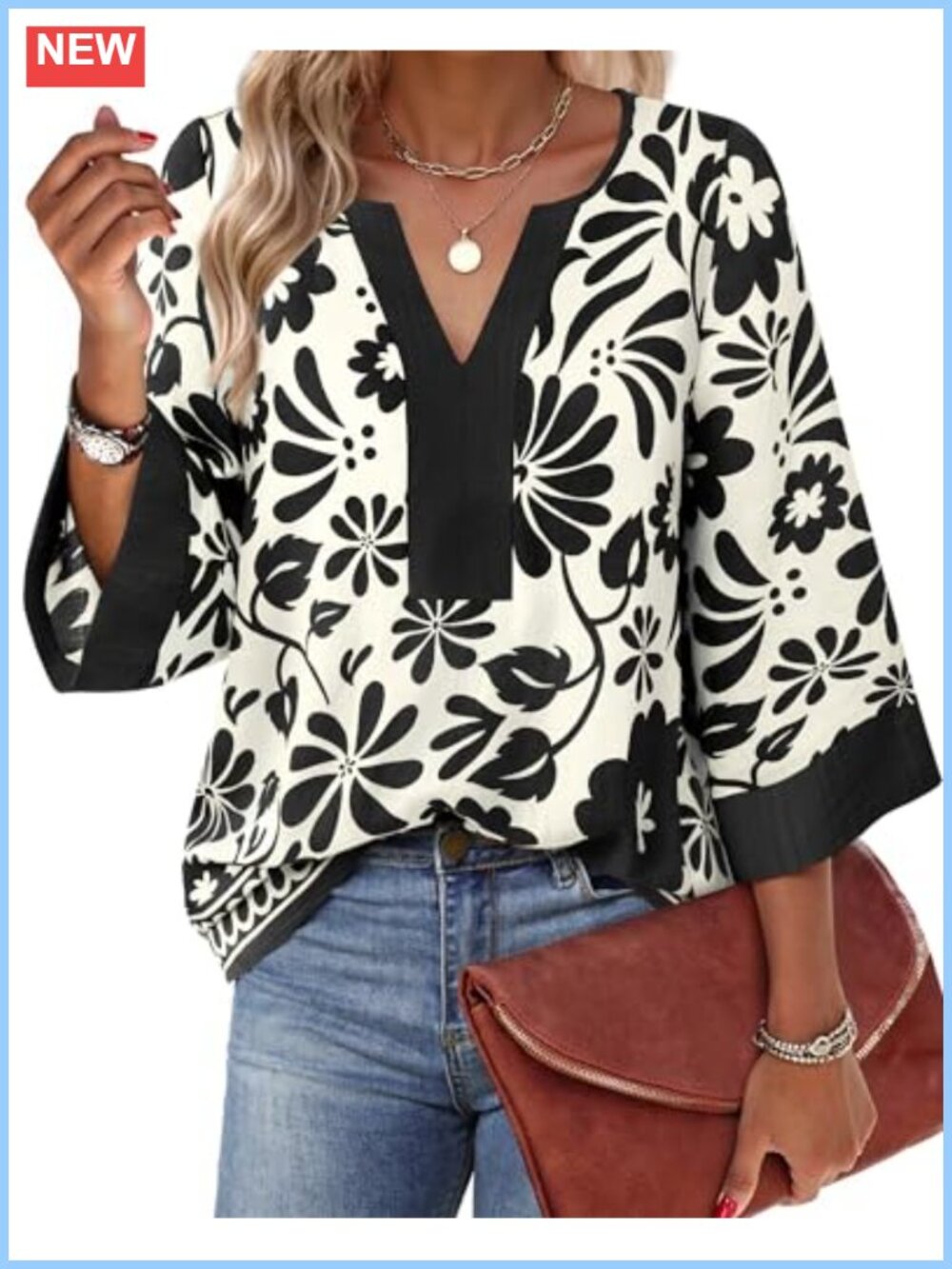 Women's Floral V Neck 3/4 Sleeve Tunic Blouse Rayon Nylon Loose Fit